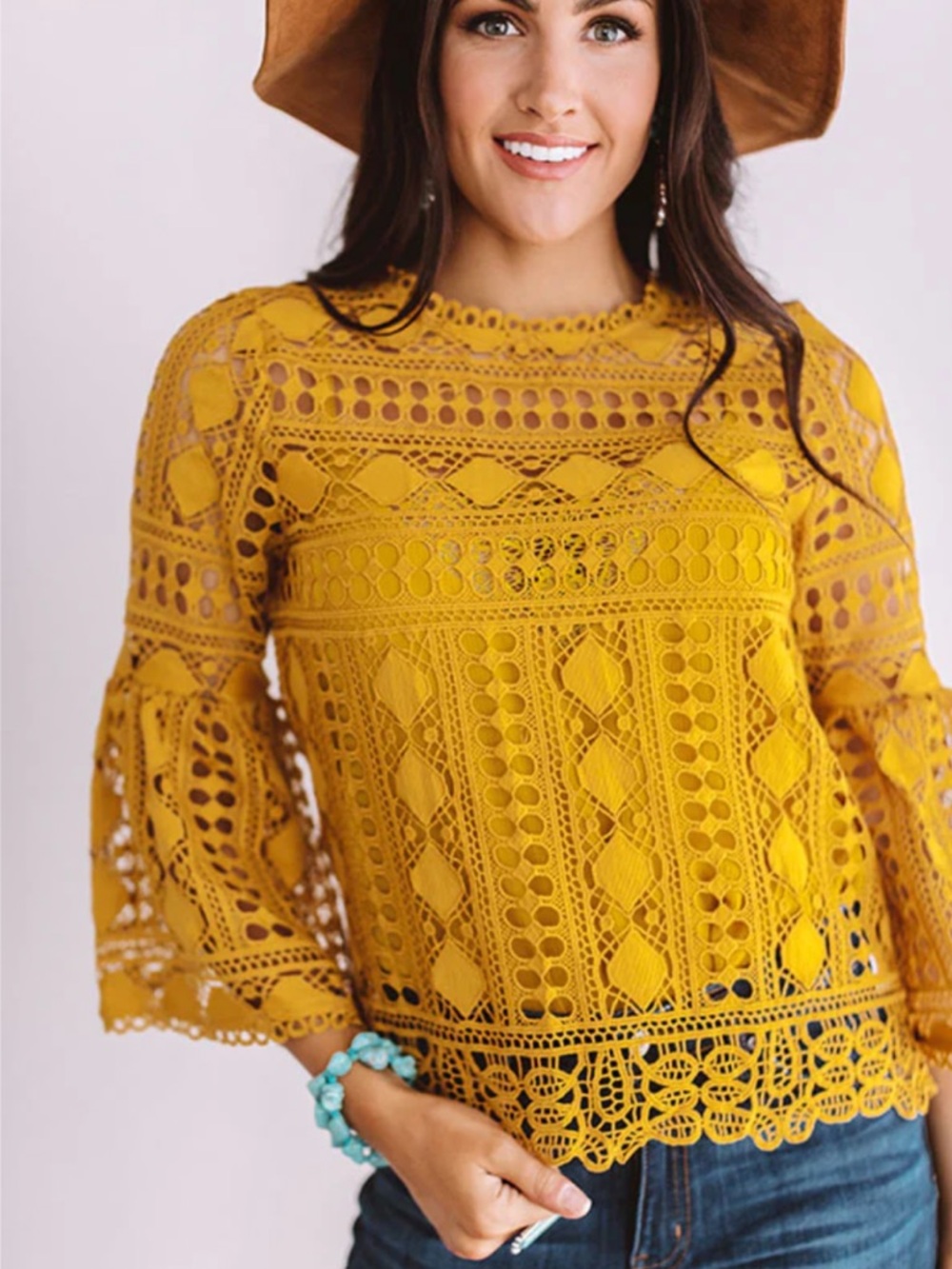 Ellison Crochet Shift Top in Mustard